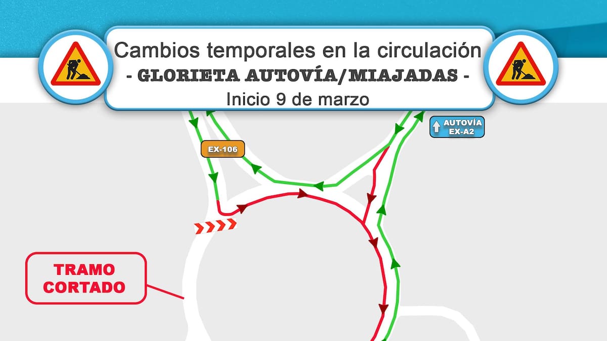 Anuncian cambios temporales de circulación en la glorieta que conecta la EX-106 con la EX-A2