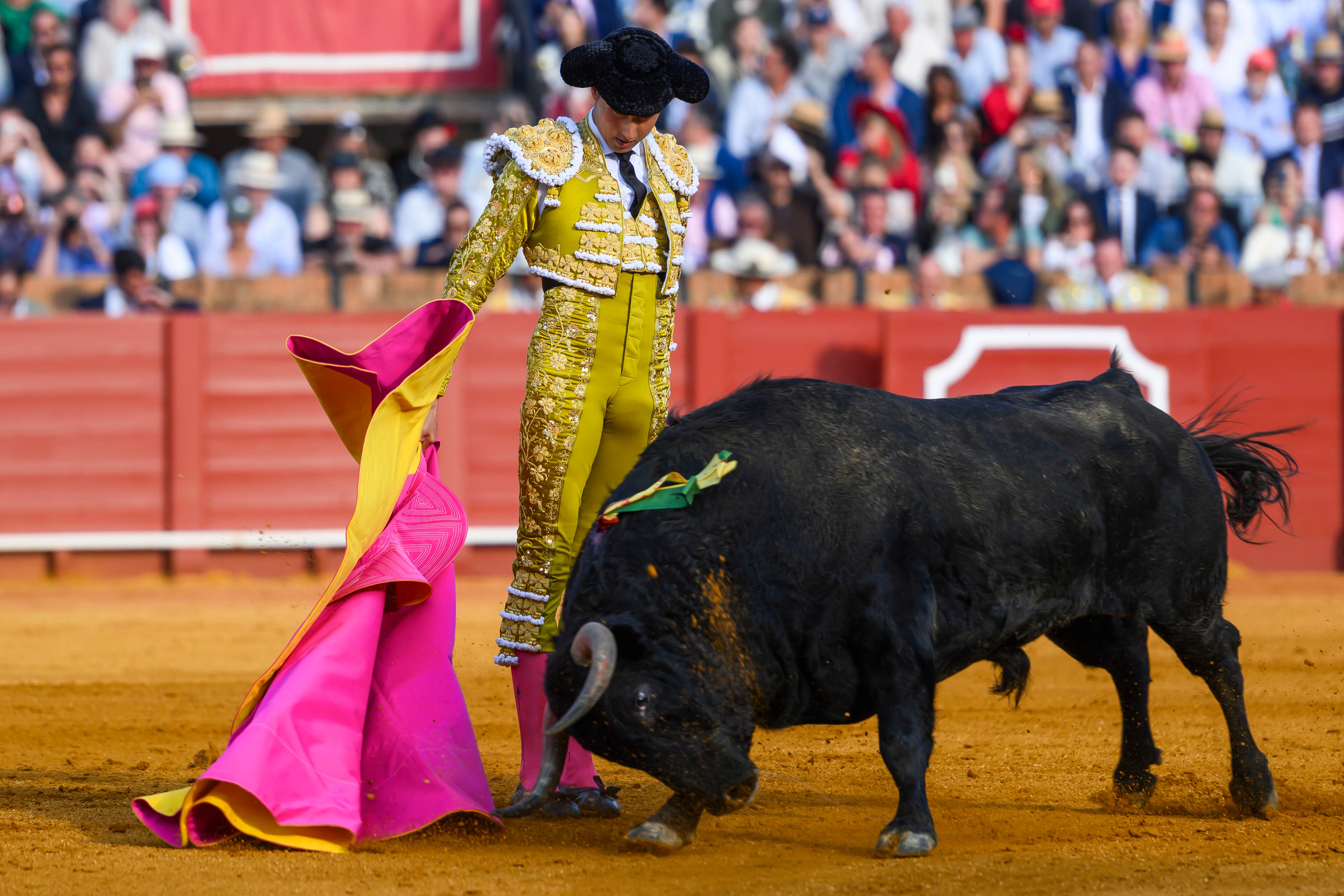 SEVILLA. 10/05/2025. - El diestro peruano Roca Rey en su faena al primero de su lote durante el festejo de abono de la Feria de Abril celebrado este sábado en La Real Maestranza, en Sevilla. EFE/ Raúl Caro.
