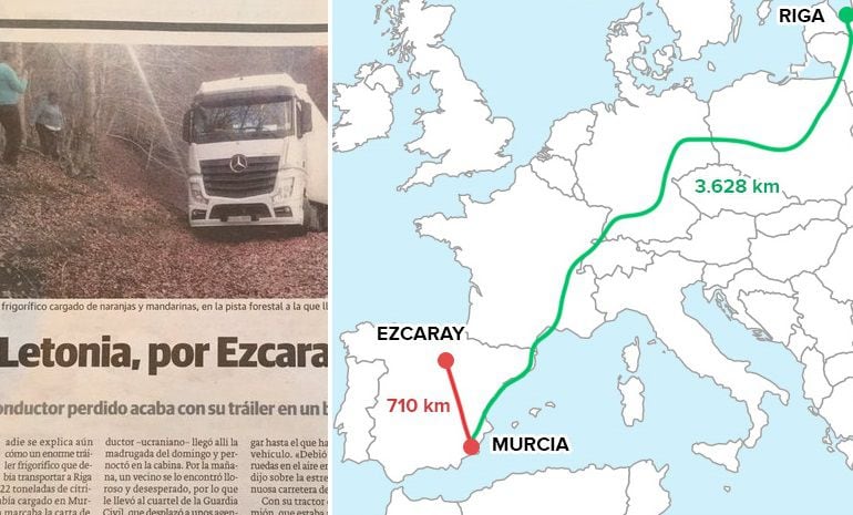 Fotografía de la noticia en el dairio La Rioja y mapa de las rutas entre Murcia y Riga y Murcia y Ezcaray.