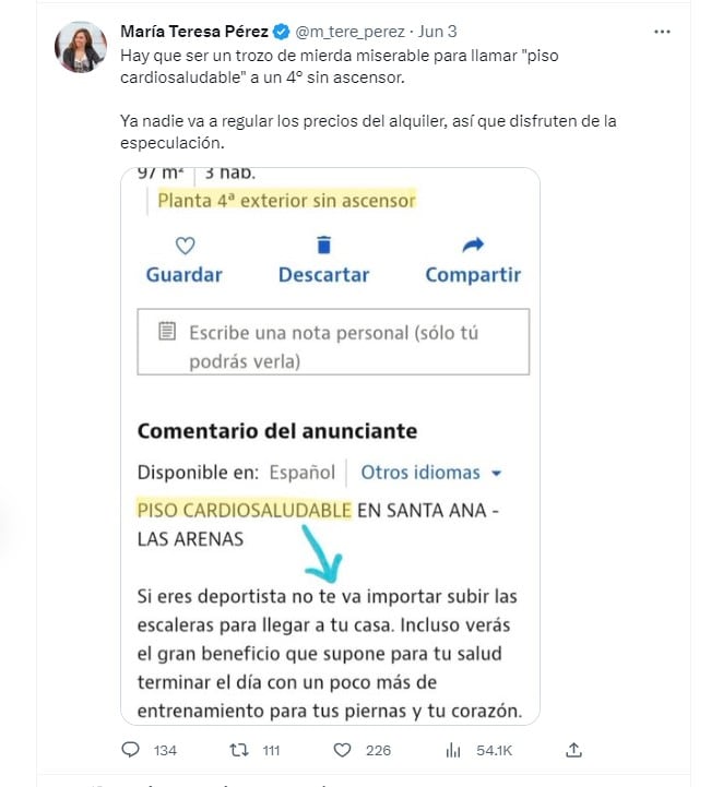 El tweet en el que la directora del Injuve y dirigente de Podemos, María Teresa Pérez, criticaba la forma de anunciar un piso