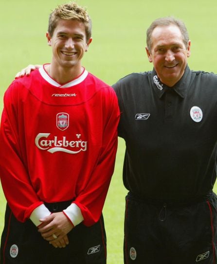 Harry Kewell y Gerard Houllier, en el Liverpool en 2003.