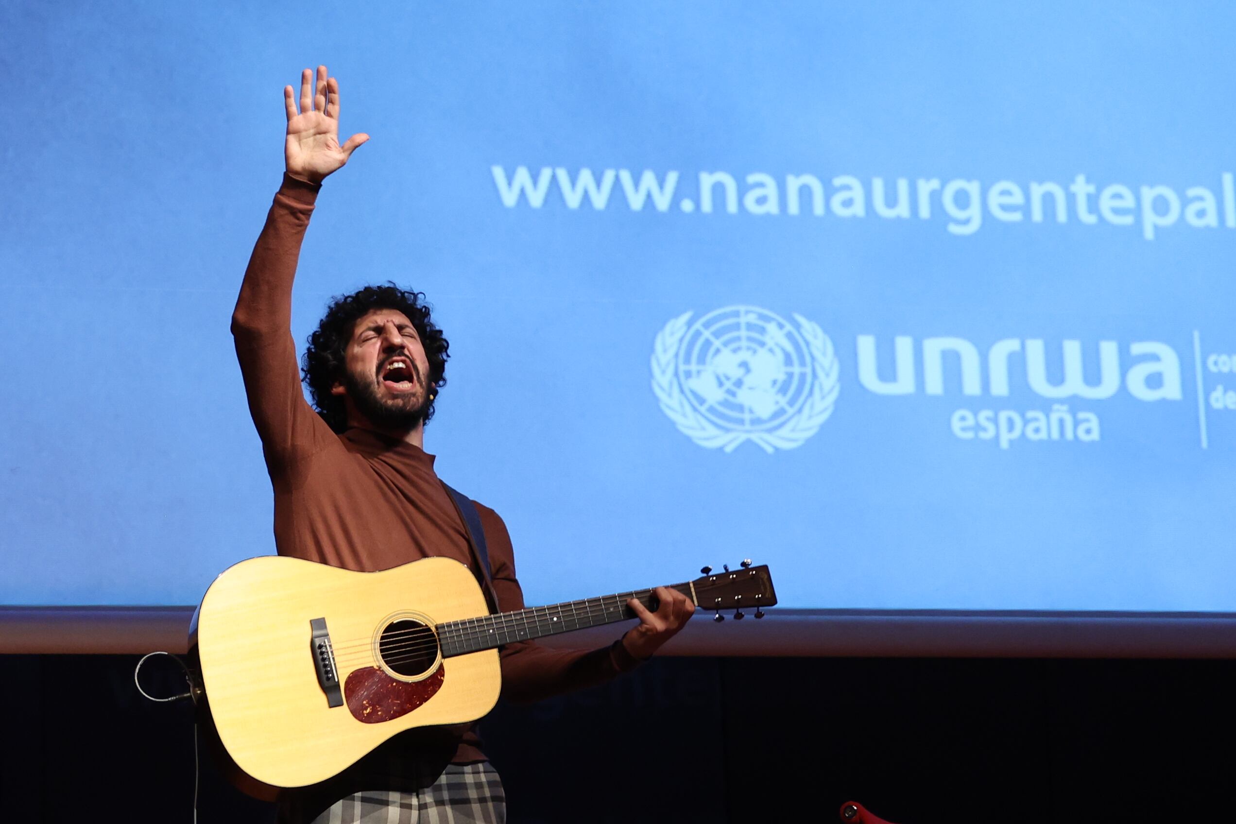 MADRID, SPAIN - FEBRUARY 06: The singer Marwan performs during the presentation of his song &#039;A Lullaby for Palestine&#039;, at the Museo Nacional Centro de Arte Reina Sofia, on February 6, 2024, in Madrid, Spain. The Spanish National Committee of the United Nations Relief and Works Agency for Palestine Refugees in the Near East (UNRWA Spain) has organized together with the singer Marwan, the presentation of &#039;A lullaby for Palestine&#039;, to give voice and hope through a solidarity lullaby dedicated to the refugees of Palestine. (Photo By Isabel Infantes/Europa Press via Getty Images)