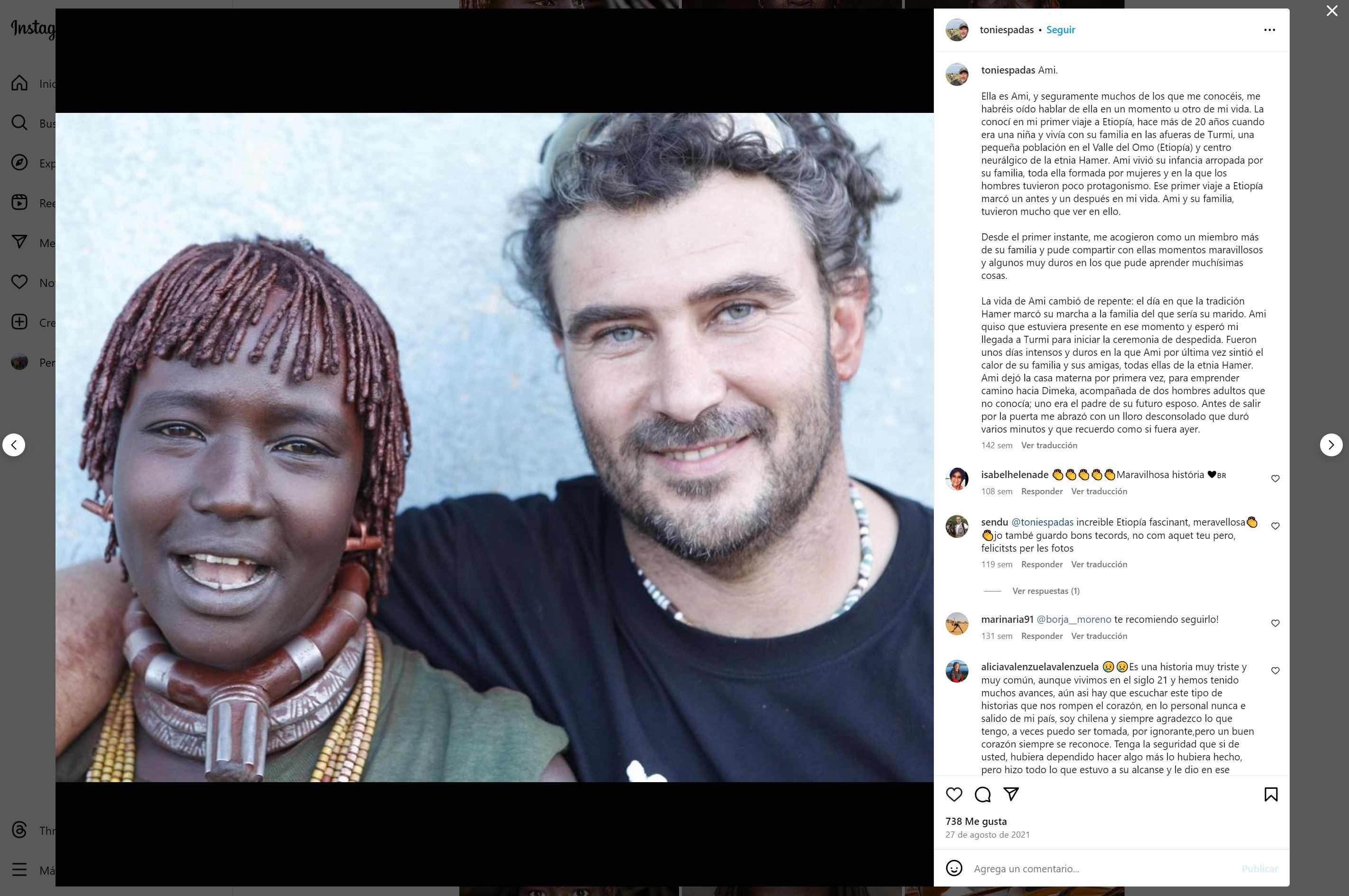 Fotografía tomada de la cuenta en Instagram de Toni Espadas donde aparece junto a una joven en uno de sus primeros viajes a Etiopía. EFE/ Toni Espadas en Instagram/SOLO USO EDITORIAL/SOLO DISPONIBLE PARA ILUSTRAR LA NOTICIA QUE ACOMPAÑA (CRÉDITO OBLIGATORIO)