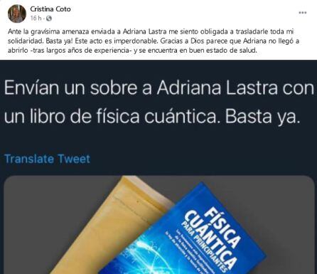 Facebook de Cristina Coto con us publicación.