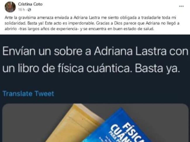 Facebook de Cristina Coto con us publicación.