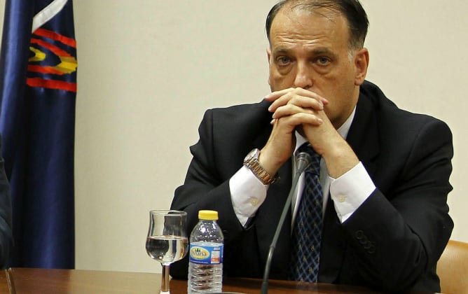 El presidente de la Liga de Fútbol Profesional, durante una rueda de prensa en el Consejo Superior de Deportes.