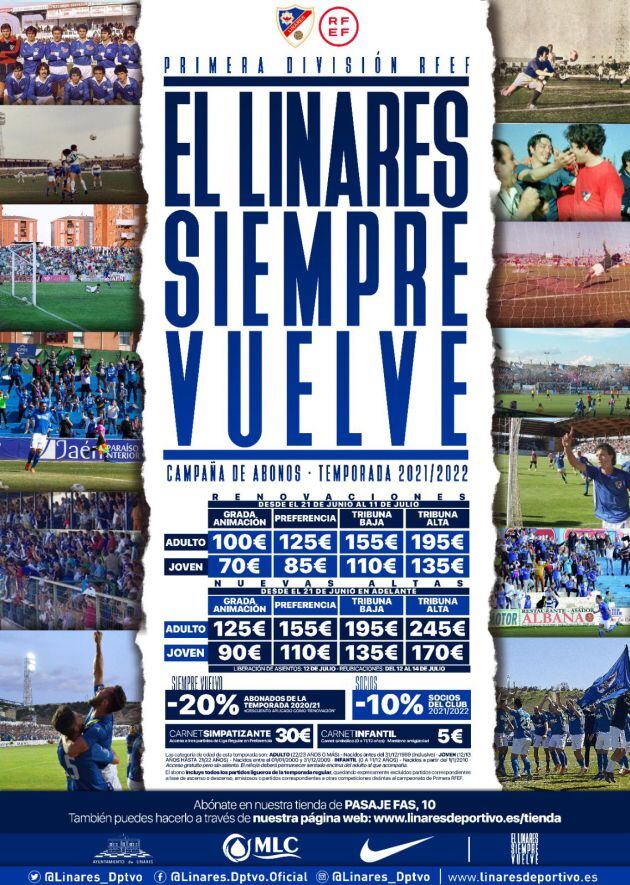 Cartel precios campaña abonos Linares Deportivo 2021-2022.
