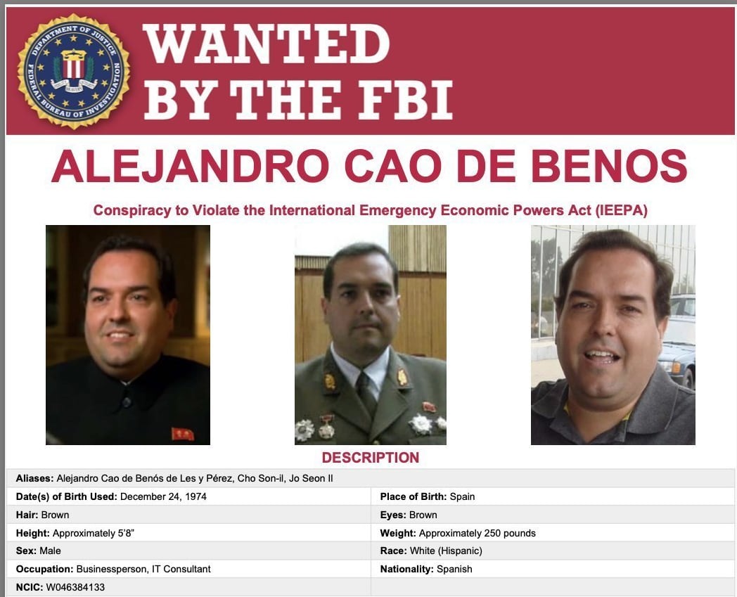 Imagen del comunicado que pide busca y captura para Cao de Benós emitido por el FBI