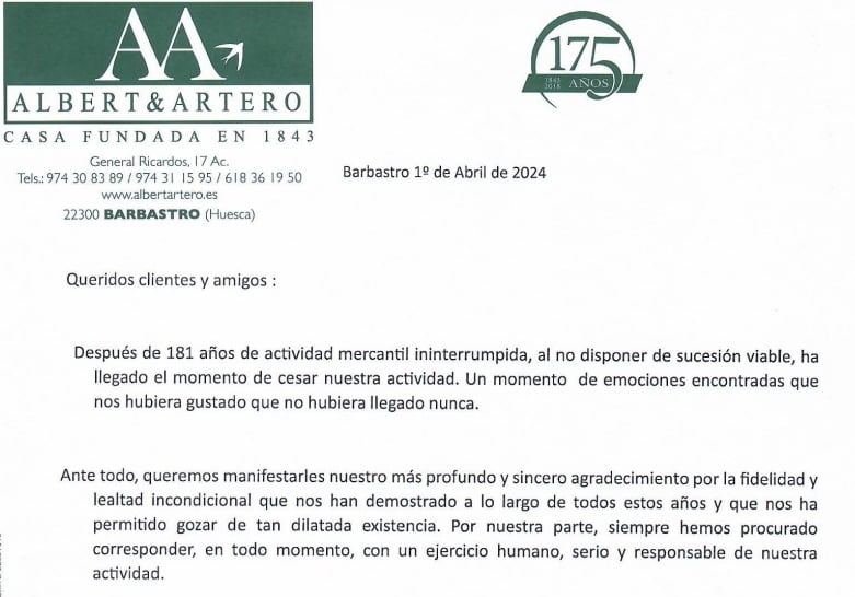 Carta en la que comunica la empresa Albert Artero el cese de actividad.