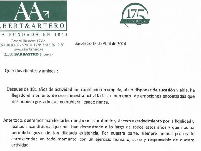 Carta en la que comunica la empresa Albert Artero el cese de actividad.