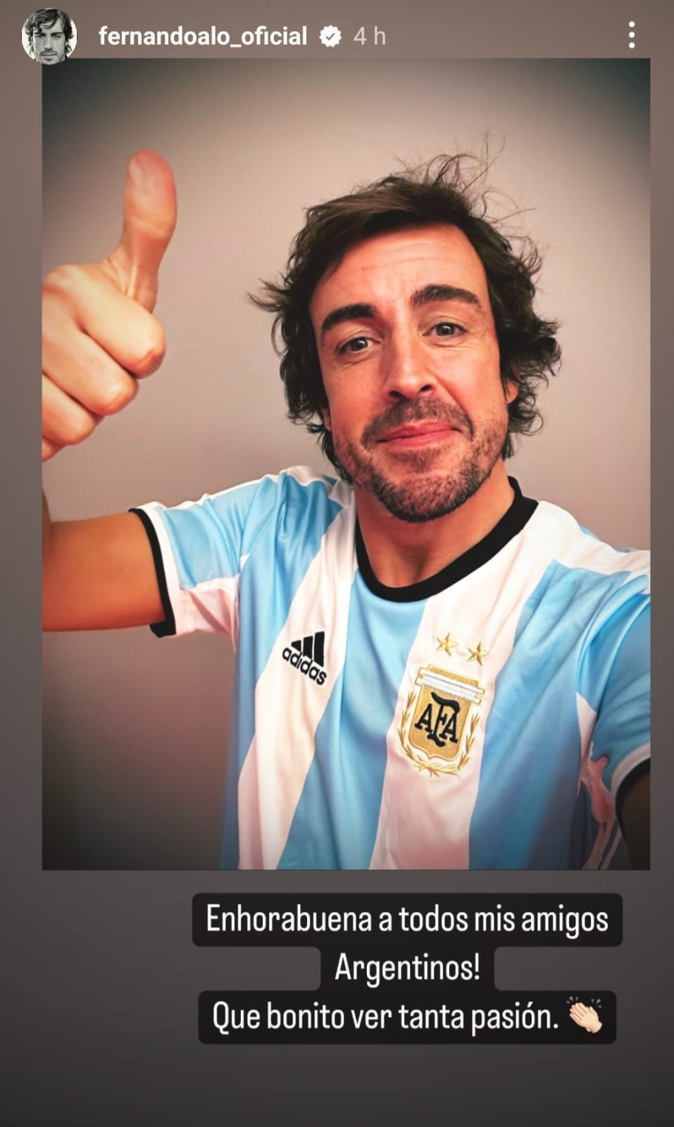 Fernando Alonso, en su Instagram, da la enhorabuena a Argentina