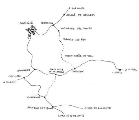 Recreación del plano del trazado de la línea publicado en el artículo &quot;El tren de los cien días o la ‘vía Negrín’&quot; de Mikel Iturralde.