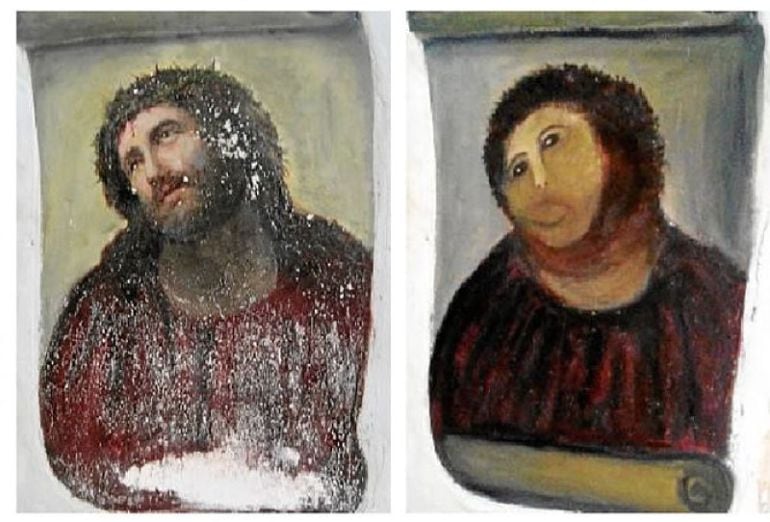 El Ecce Homo antes y después de la restauración de Cecilia