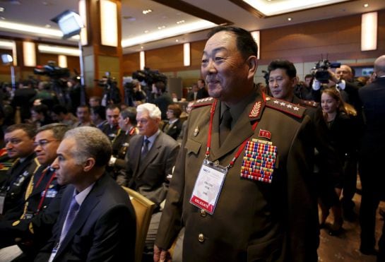 Senior North Korean military officer Hyon Yong Chol (R, front) attends the 4th Moscow Conference on International Security (MCIS) in Moscow in this April 16, 2015 file photo. North Korea has executed Hyon on treason charges after he fell asleep at an even