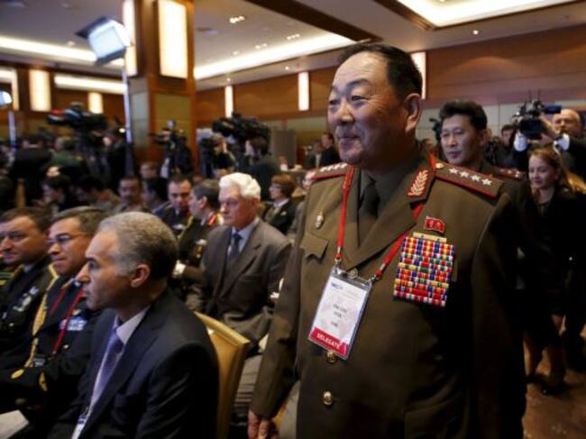 Senior North Korean military officer Hyon Yong Chol (R, front) attends the 4th Moscow Conference on International Security (MCIS) in Moscow in this April 16, 2015 file photo. North Korea has executed Hyon on treason charges after he fell asleep at an even