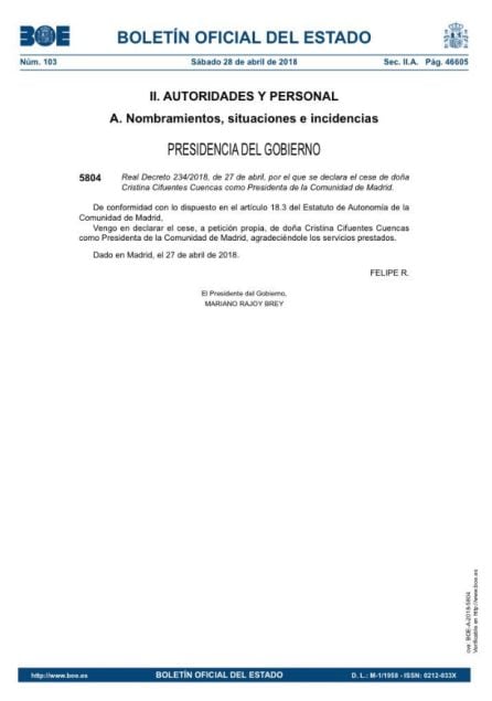 El BOE publica el cese de Cristina Cifuentes