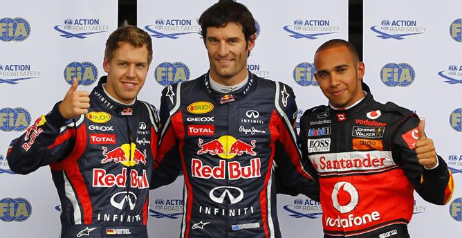 Webber, Vettel y Hamilton posan tras los entrenamientos