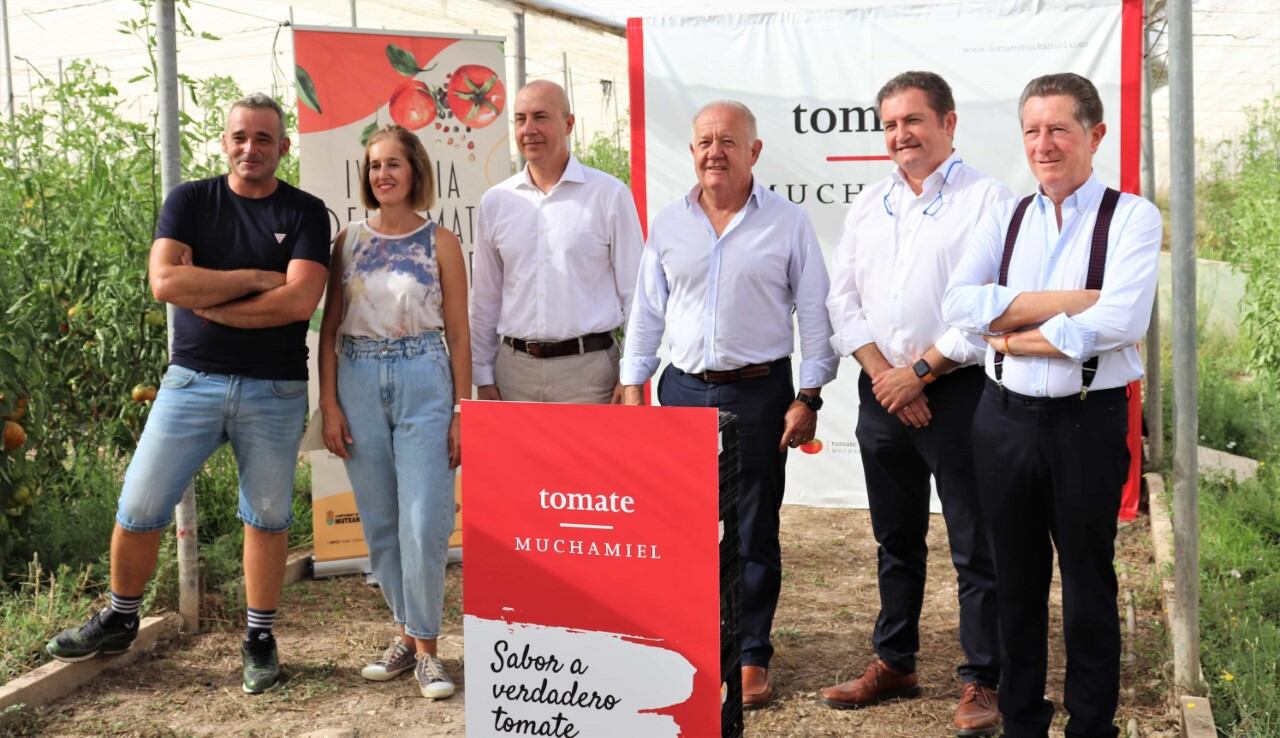 La edil de Agricultura Lara Llorca, el alcalde Sebastián Cañadas (cuarto por la izquierda) y Paco Vidal, presidente de la Asociación de Productores y Comercializadores deTomate Muchamiel (con tirantes).