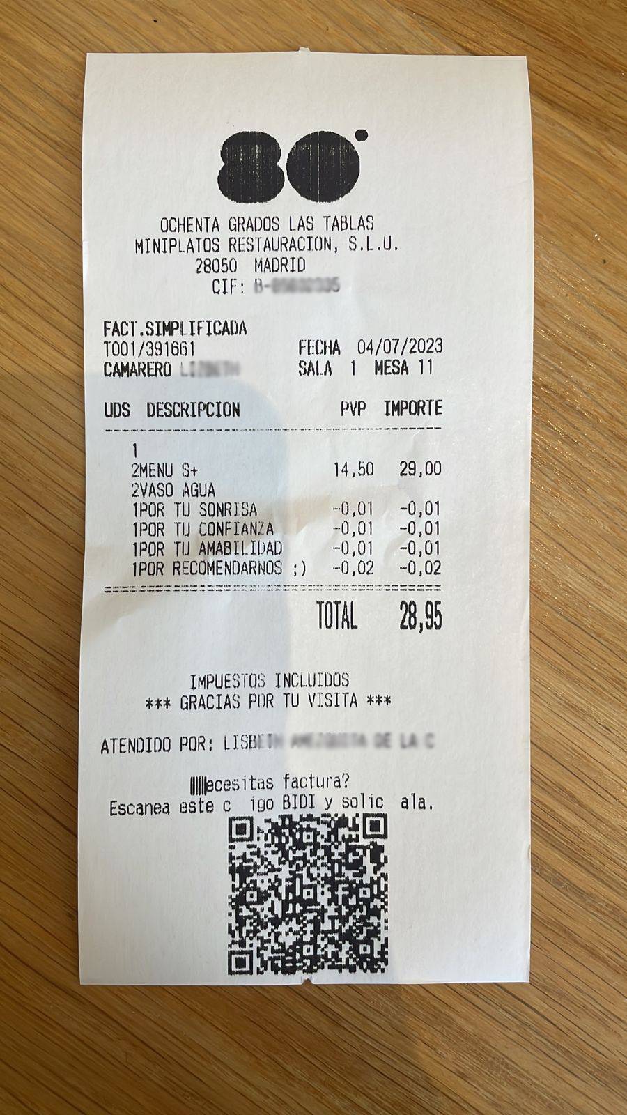 El ticket de compra de 80 Grados, con el descuento incluido.