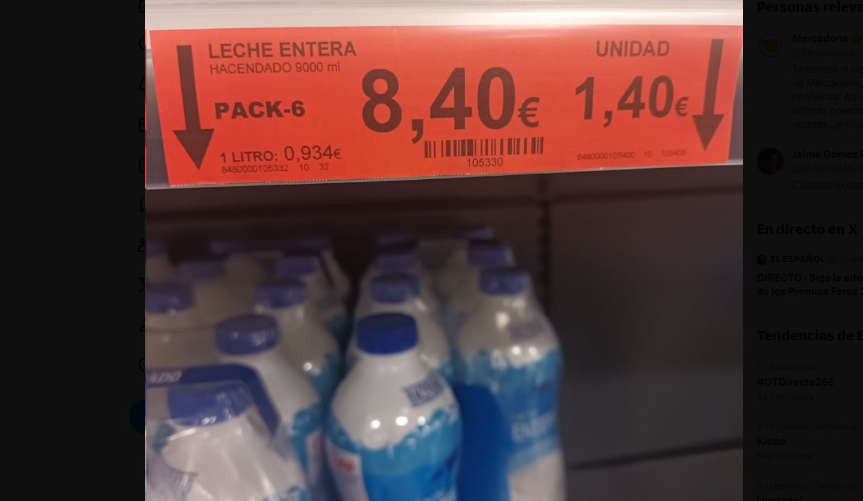 Mercadona explica la razón por la que el litro de leche embotellada es más caro que en su formato brick.