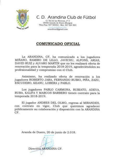 Comunicado de la Arandina Club de Fútbol.
