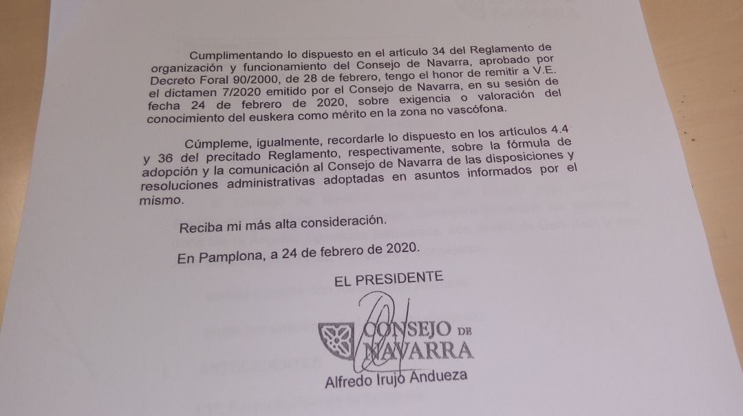 Informe del Consejo de Navarra al que ha tenido acceso la Cadena SER