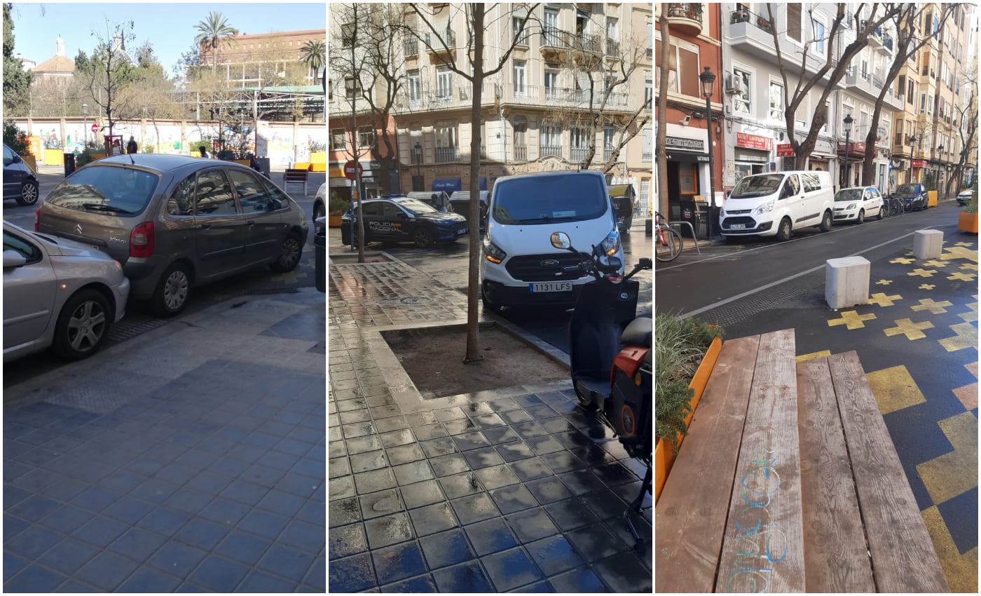 Coches mal aparcados en la zona peatonal de la supermanzana de la Petxina