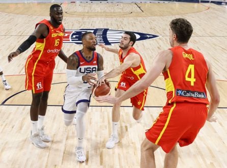 Los jugadores de la selección española de baloncesto en un amistoso contra el combinado estadounidense