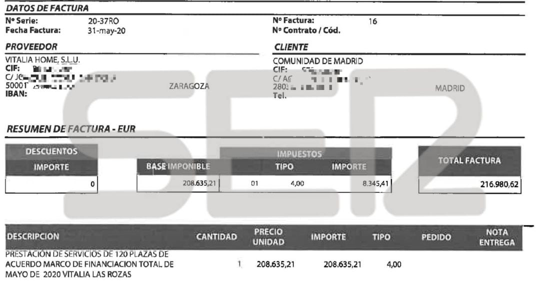 Imagen de unas de las facturas abonadas por la Consejería de Políticas Sociales