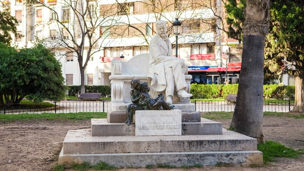 Escultura dedicada al doctor Gómez Ferrer en los jardines de la Glorieta de València.