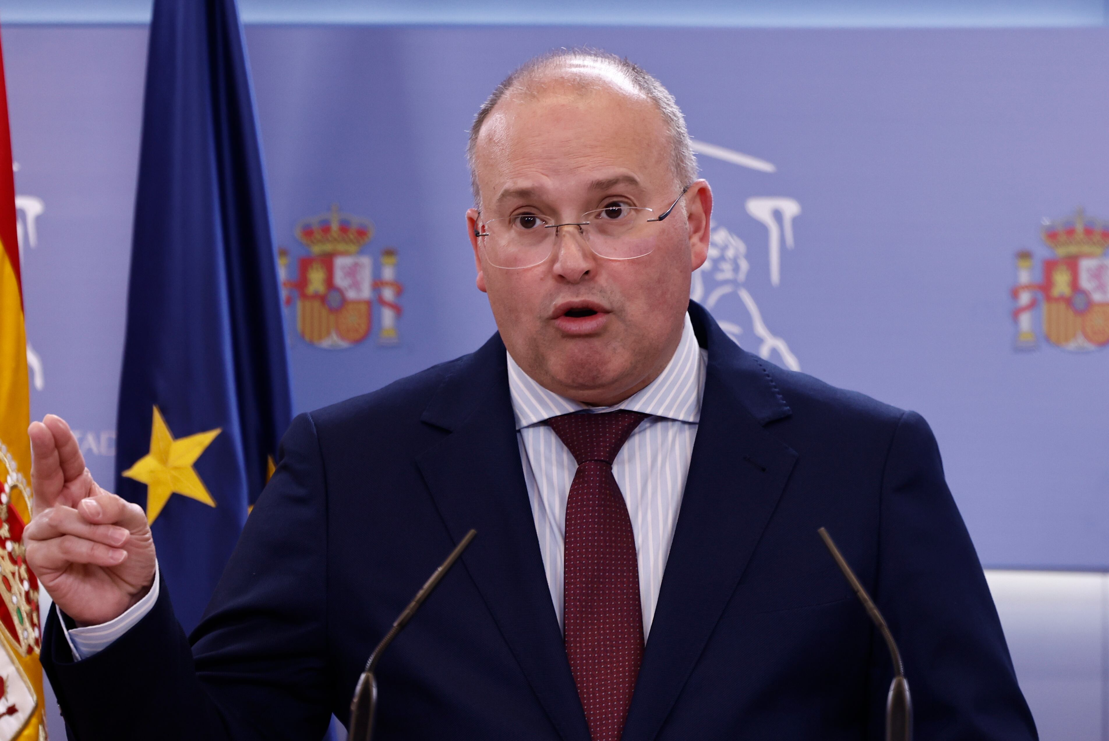 El portavoz del PP en el Congreso, Miguel Tellado, durante una rueda de prensa en el Congreso de los Diputados.-EFE/ Sergio Perez