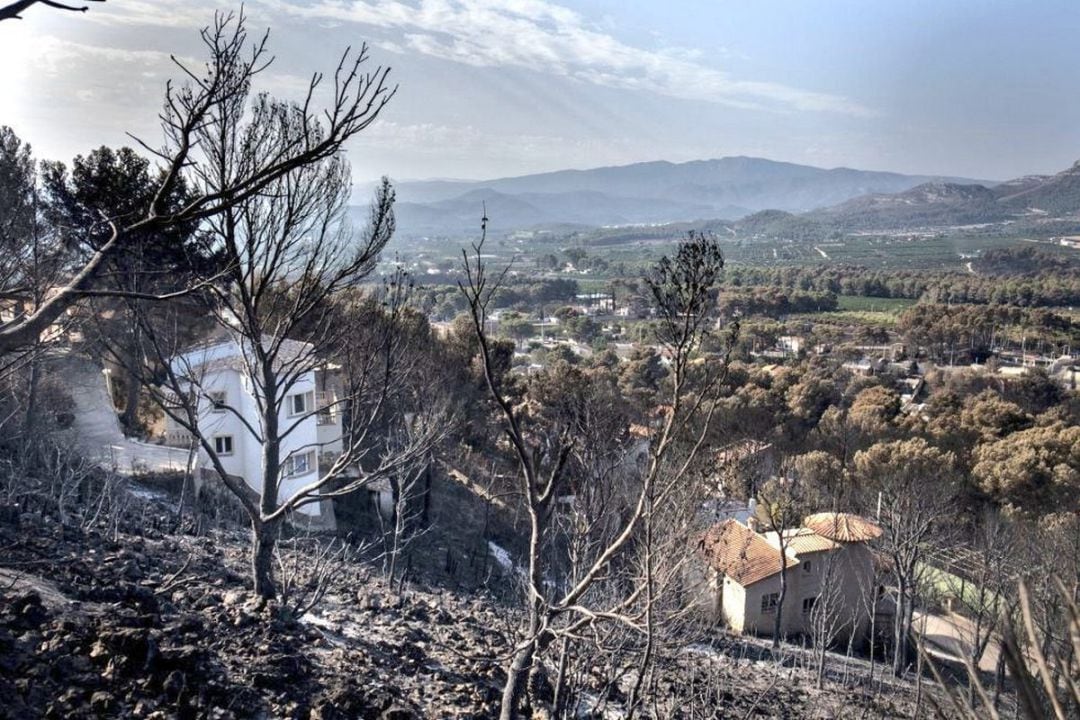 Imagen de las casas afectadas por el incendio en Marxuquera en agosto de 2018. 