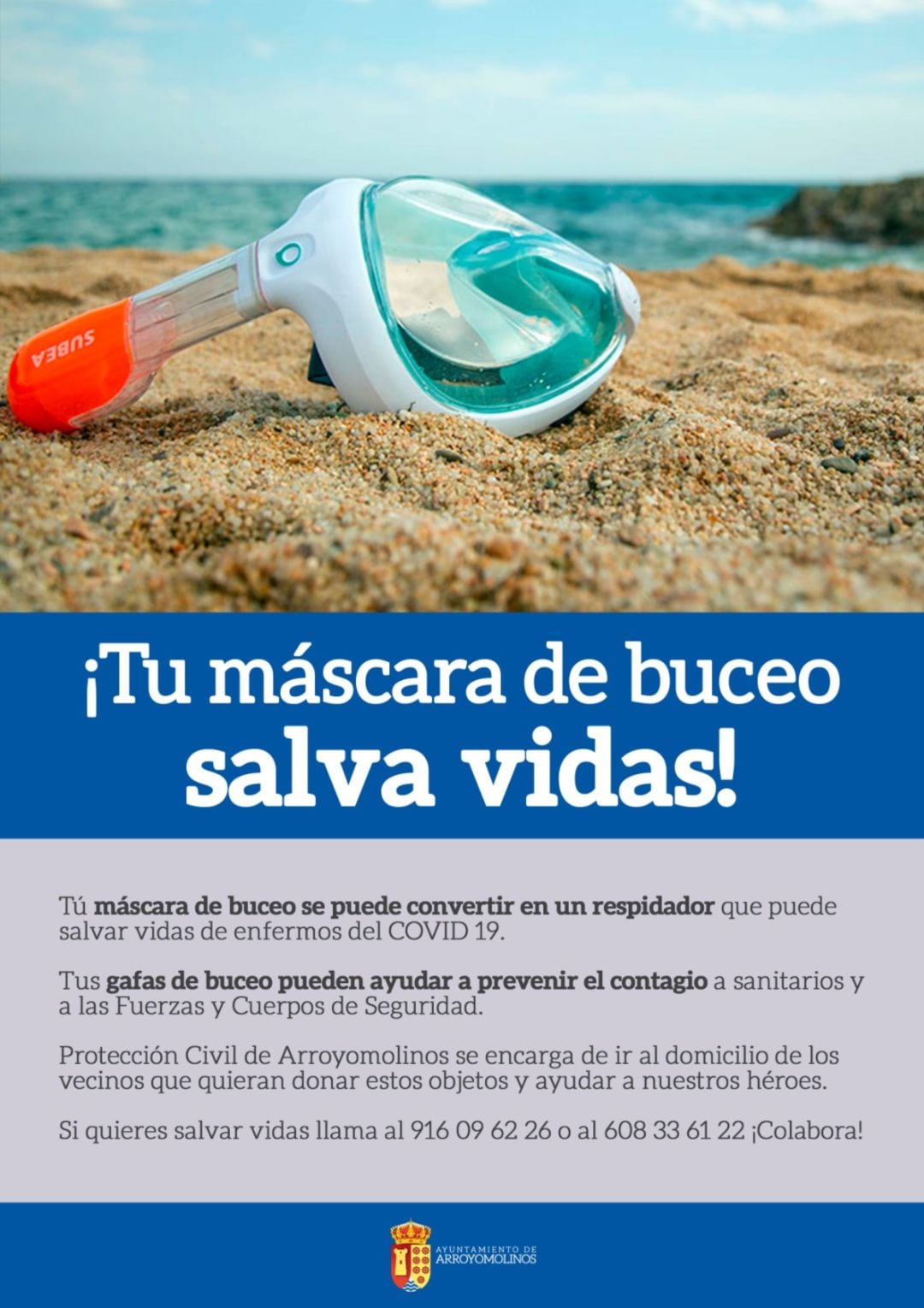 Cartel para donar máscaras de buceo en Arroyomolinos