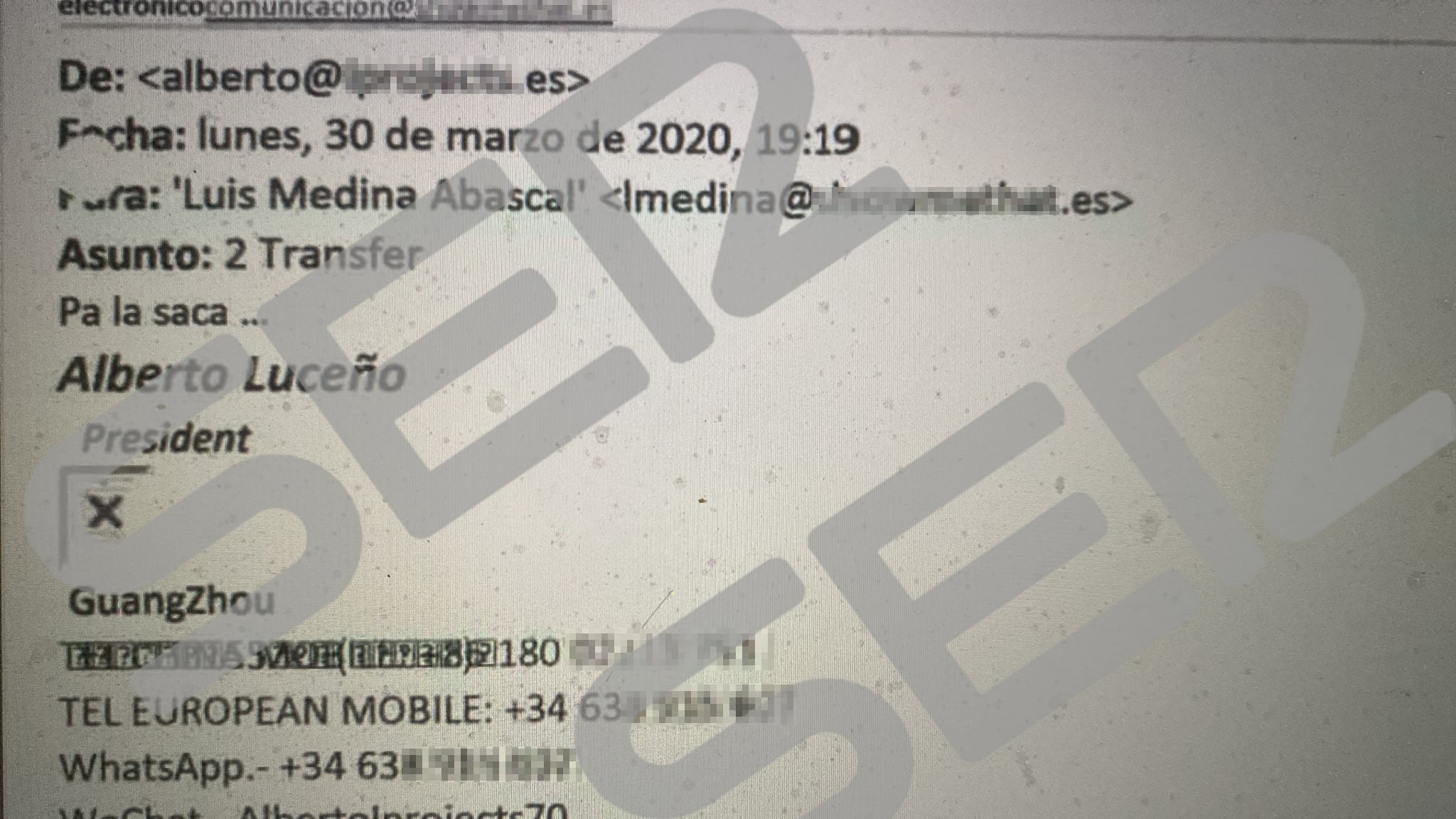 El 30 de marzo de 2020 Luceño escribió a Medina un mail con el asunto &quot;Pa la saca&quot; para informar de la comisión millonaria por el caso mascarillas con el Ayuntamiento de Madrid.