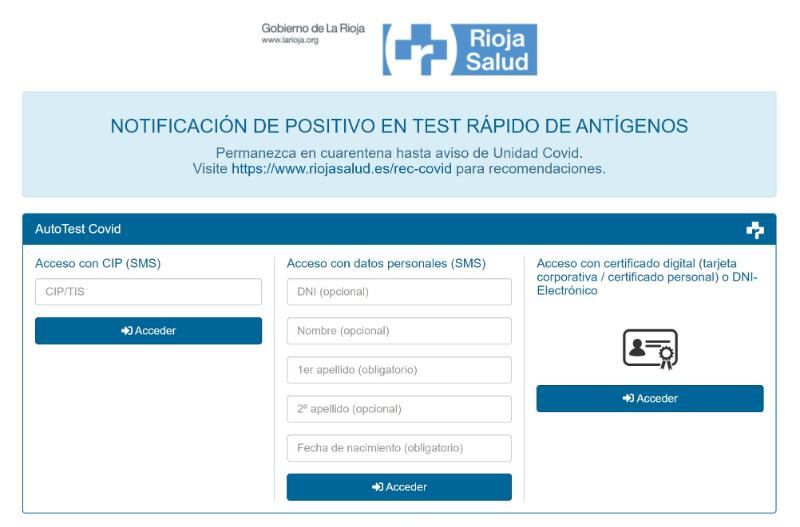 Aplicación de notificación de positivos en test rápido de antígenos