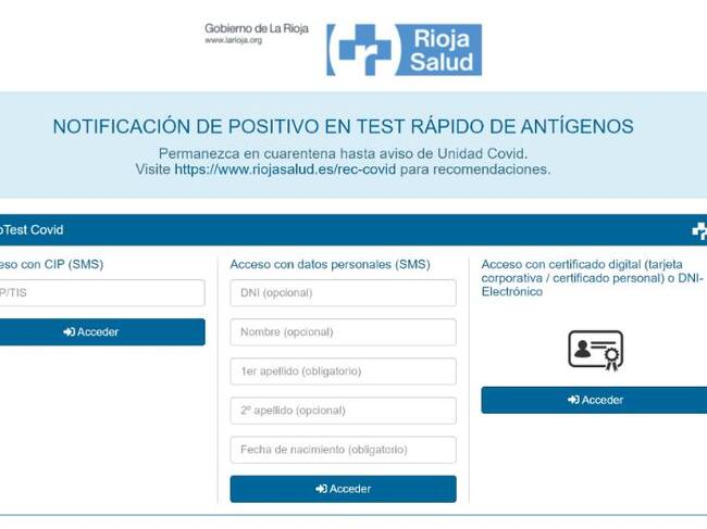 Aplicación de notificación de positivos en test rápido de antígenos