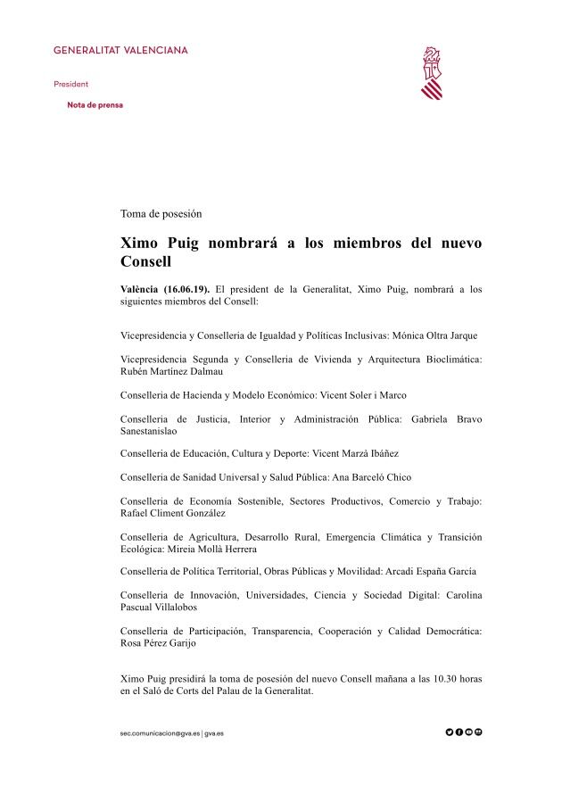 Comunicado oficial de los nombramientos del nuevo Consell de Ximo Puig