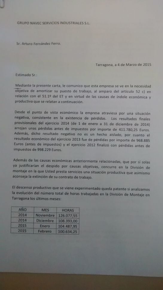 Carta d'acomiadament rebuda per Arturo Fernández.