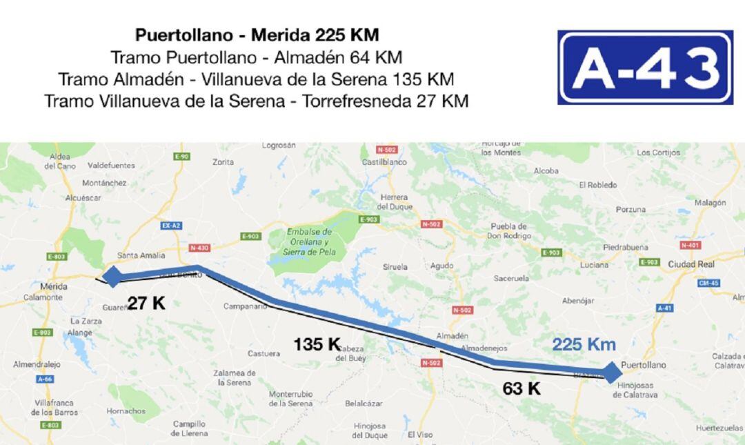 Trazado y municipios afectados por opción sur para la continuación de la  A-43 hasta Extremadura 