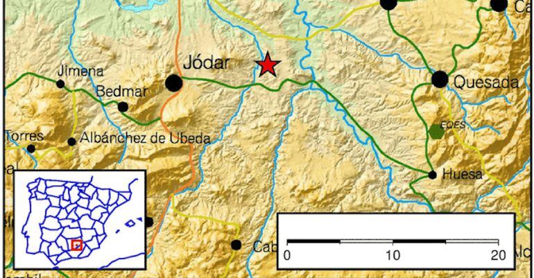 Mapa del Instituto Geográfico Nacional que refleja el terremoto de Jódar.