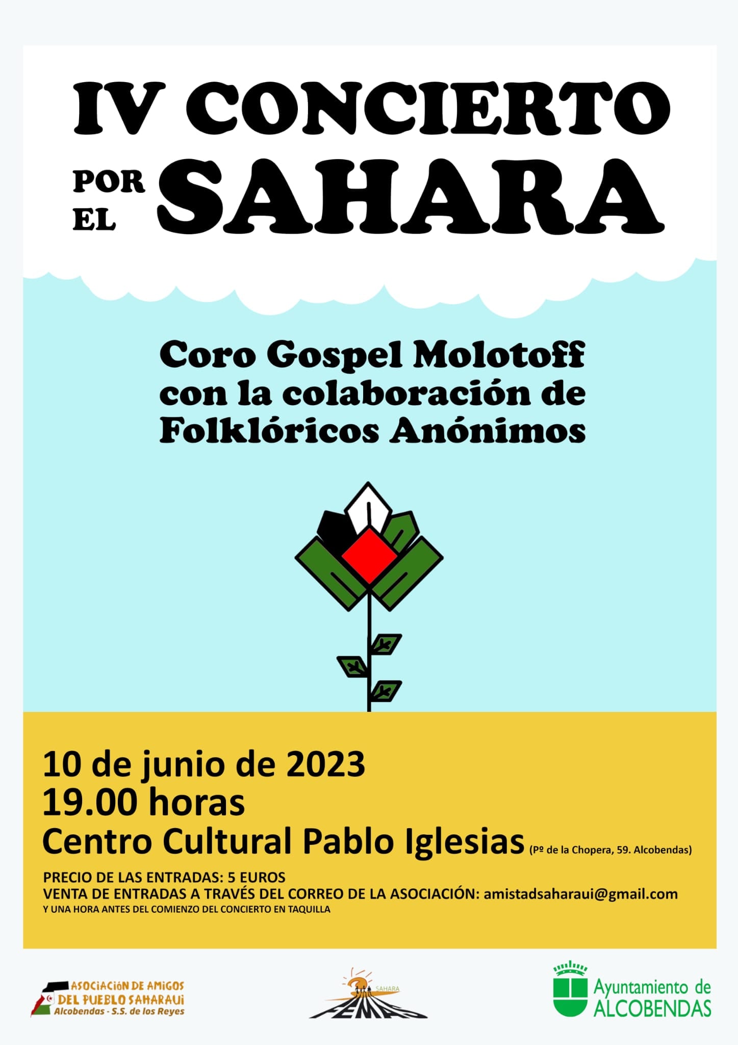 El concierto, organizado por la Asociación Amigos del Pueblo Saharaui de Alcobendas y San Sebastián de los Reyes, tendrá lugar el 10 de junio en el Centro cultural Pablo Iglesias y se dispondrá una fila 0 para quienes no puedan asistir y quieran aportar un donativo