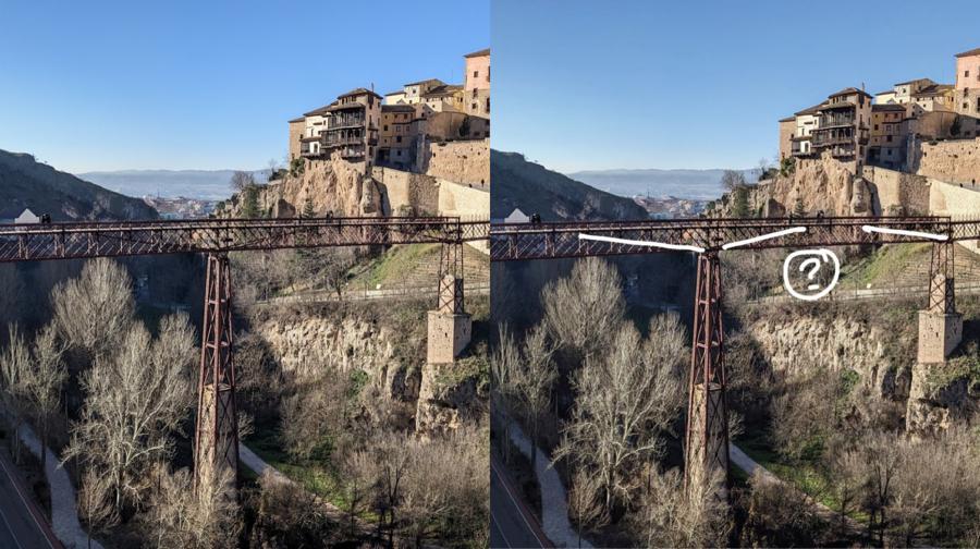 En la foto de la derecha, marcadas en blanco, las &quot;extrañas barras de estructura que no sujetan el puente&quot;.