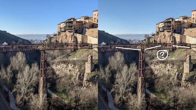 En la foto de la derecha, marcadas en blanco, las "extrañas barras de estructura que no sujetan el puente".