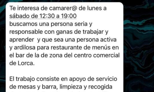 Captura de la oferta de un restaurante para ser camarero en Lorca