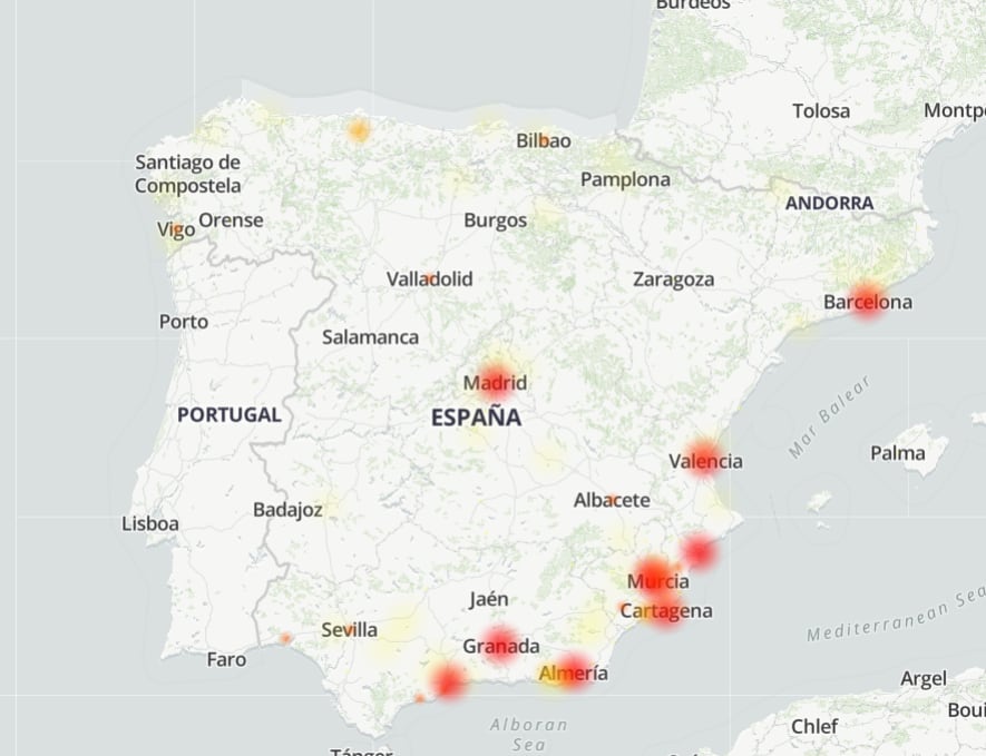 El mapa muestra fallos principalmente en el sur del país.