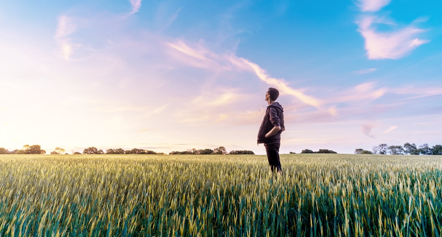 Un hombre mira al cielo en un campo de cereal