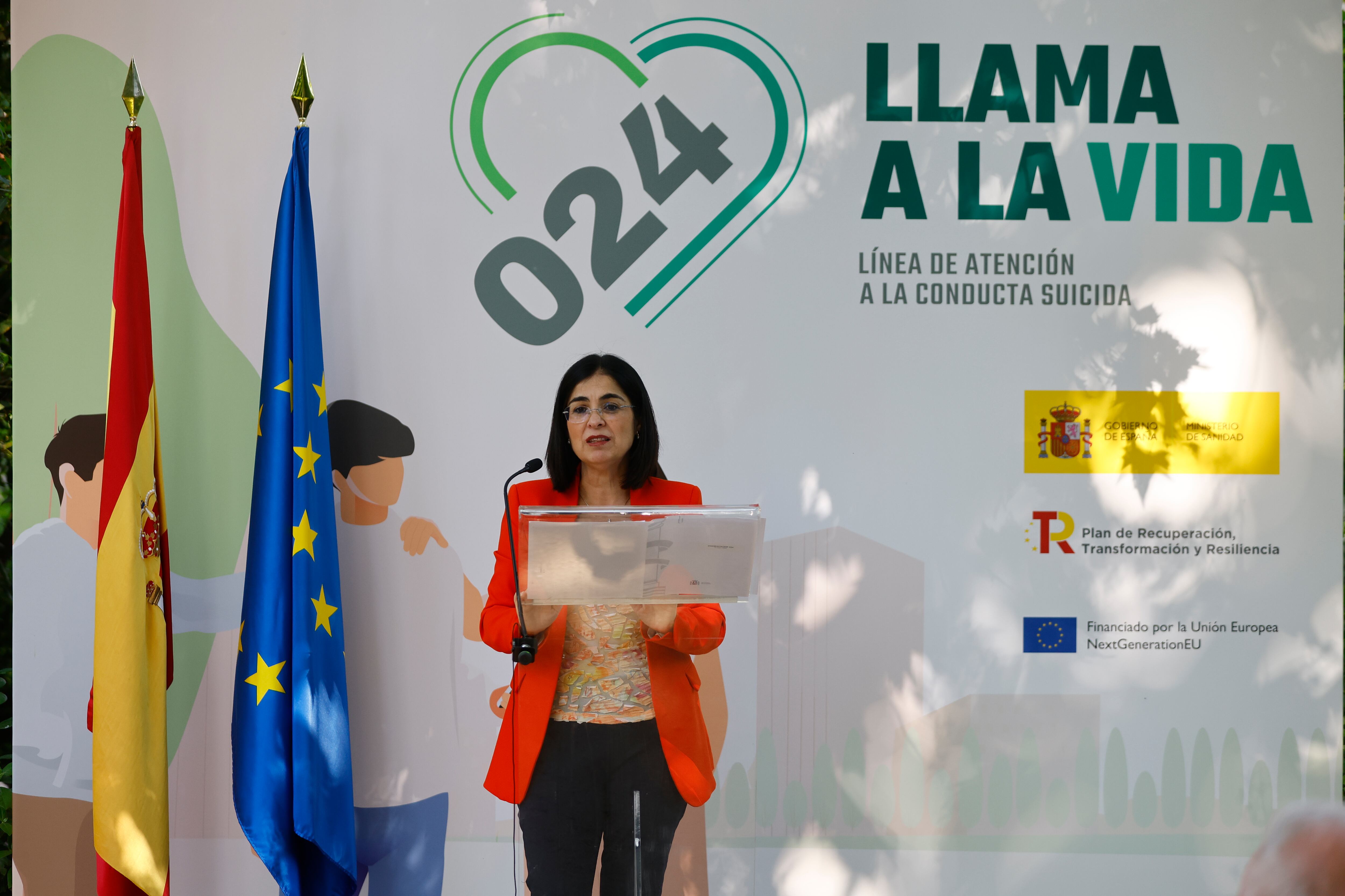 La ministra de Sanidad, Carolina Darias, durante la presentación de la línea 024 de atención a la conducta suicida, el pasado 9 de mayo.
