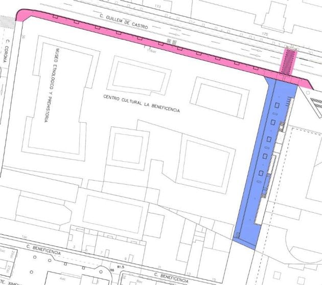 Plano con el detalle de las obras proyectadas en el entorno de la Beneficència de València