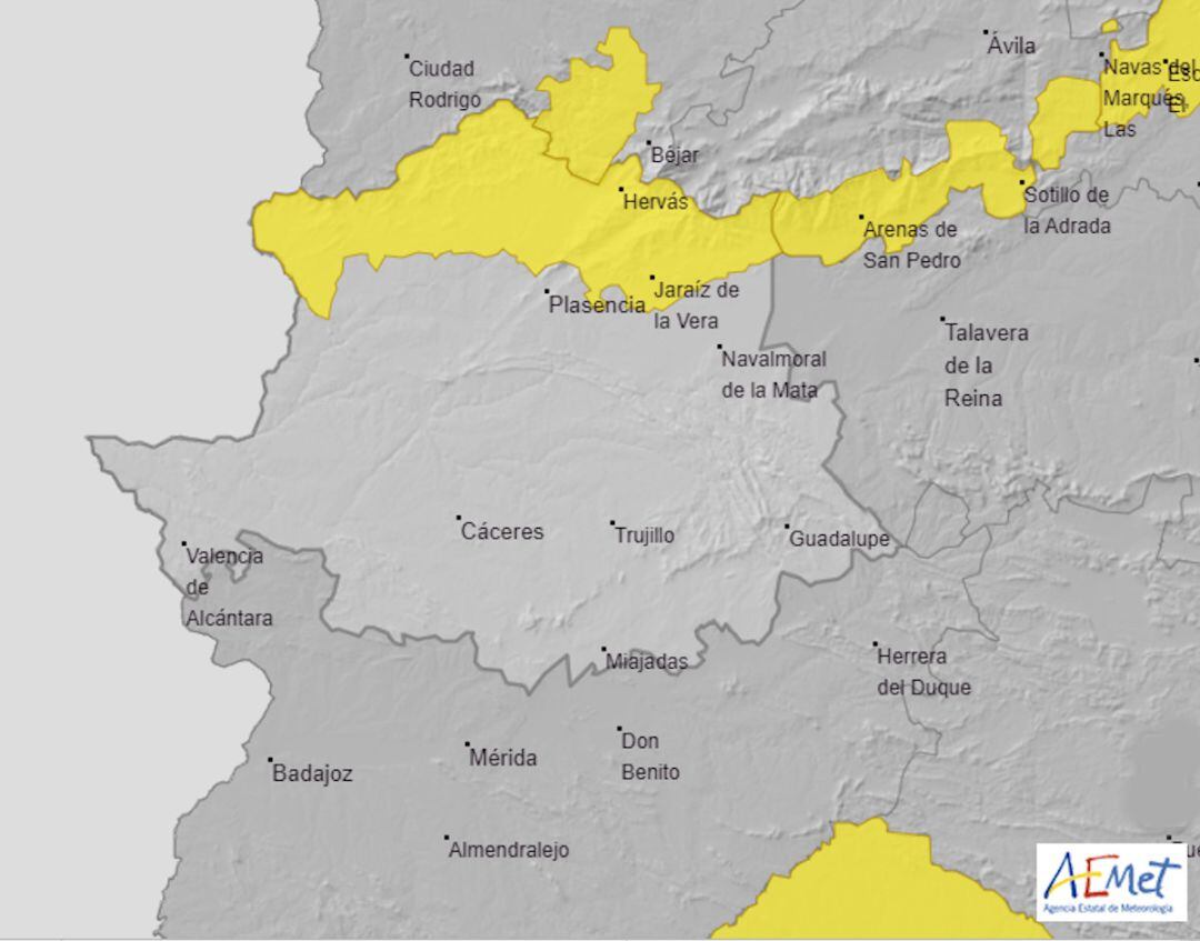 Mapa de alerta meteorológica para el norte de Extremadura