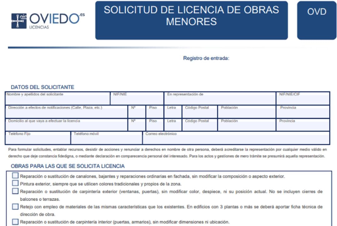 Impreso actual de solicitud de licencia de obra menor en el Ayuntamiento de Oviedo.